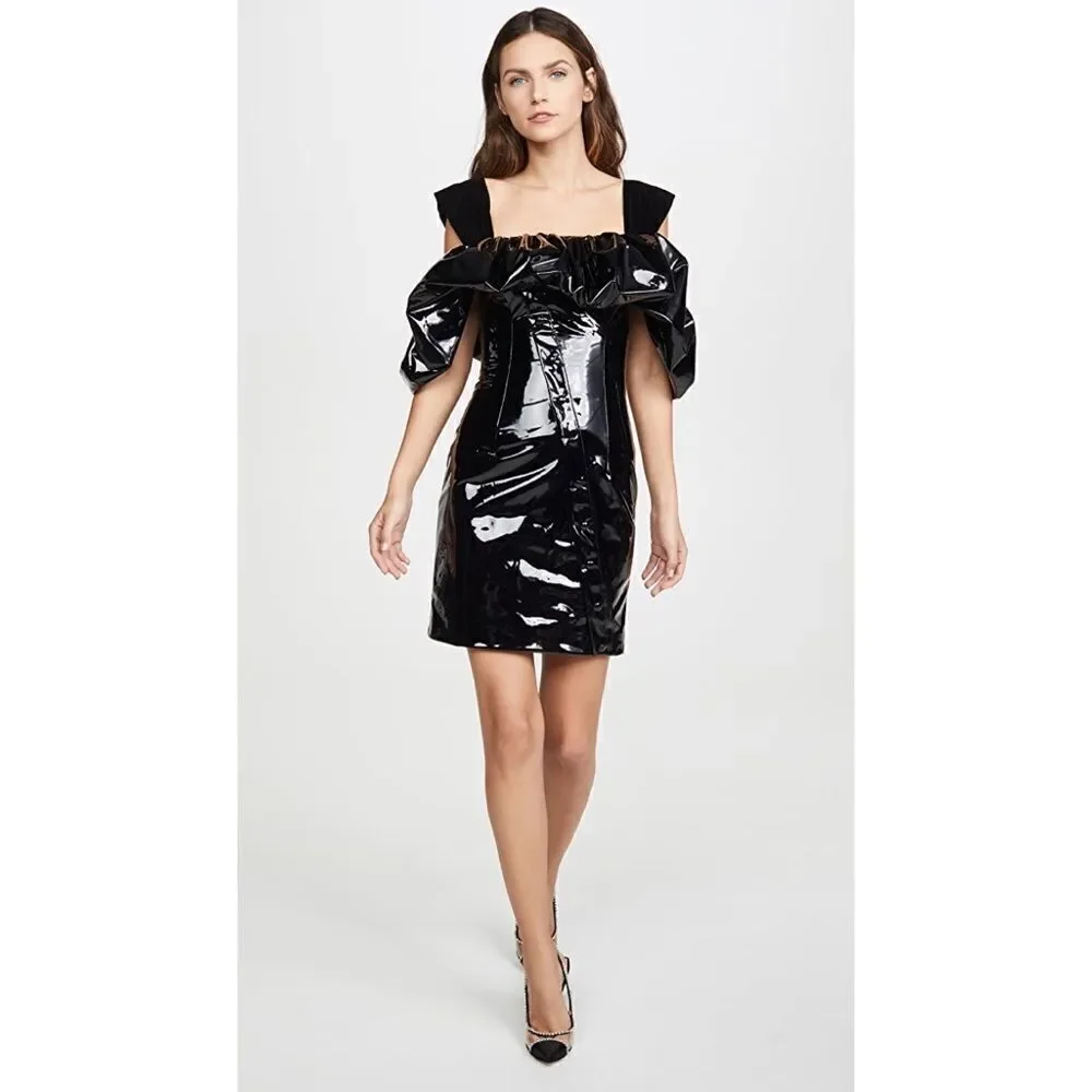 Sandra Mansour Faux Patent Leather Ruffled Dress IT38